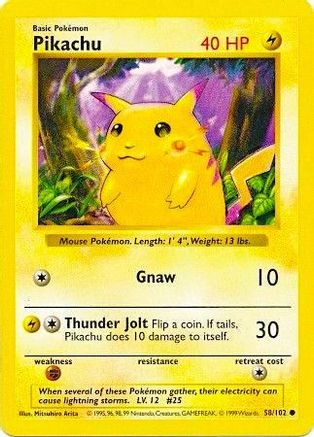 Pikachu (Red Cheeks) 058/102  - Unlimited Base Set Shadowless - Common